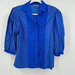 Womens Vintage Silk Bold Stripe Top Size L 80s Statement Artsy Vibrant Pin Tucks